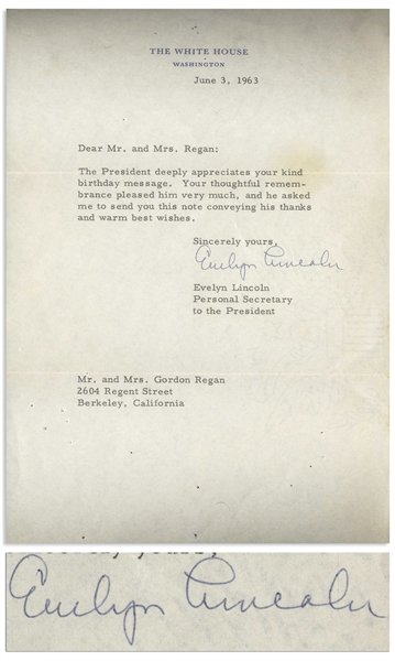 Evelyn Lincoln Letter Signed on White House Stationery -- Lincoln Thanks the Addressee on Behalf of President John F. Kennedy for Sending Birthday Wishes